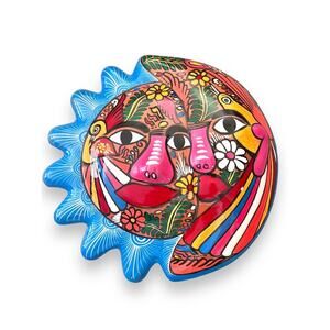 Mexican Folk Art Talavera Moon Sun Colorful Hand Painted Clay Wall Decor 9x9